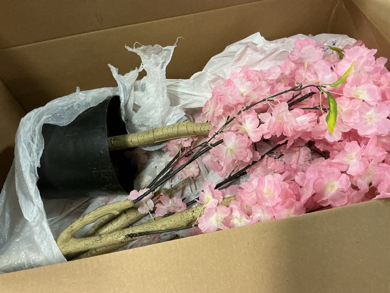 Condition photo showing As Is for artificial cherry blossom tree, 6ft pink faux sakura tree with pot, realistic silk cherry blossom tree for indoor outdoor home office garden decor, wedding party event decoration, faux flower tree