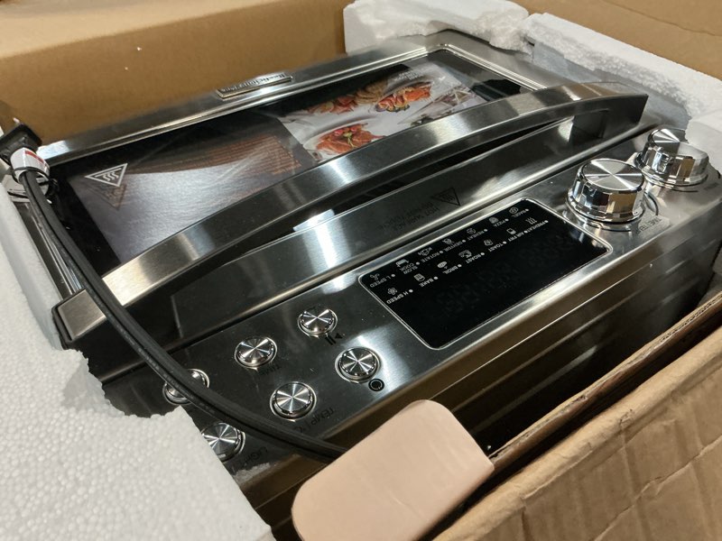 Condition photo showing As Is for 28qt air fryer toaster oven combo, large 12-in-1 convection countertop oven with 3-layer cooking, rotisserie for chicken, 6 heating tubes, fast preheat, fit 11" pizza, all accessories, sliver-red