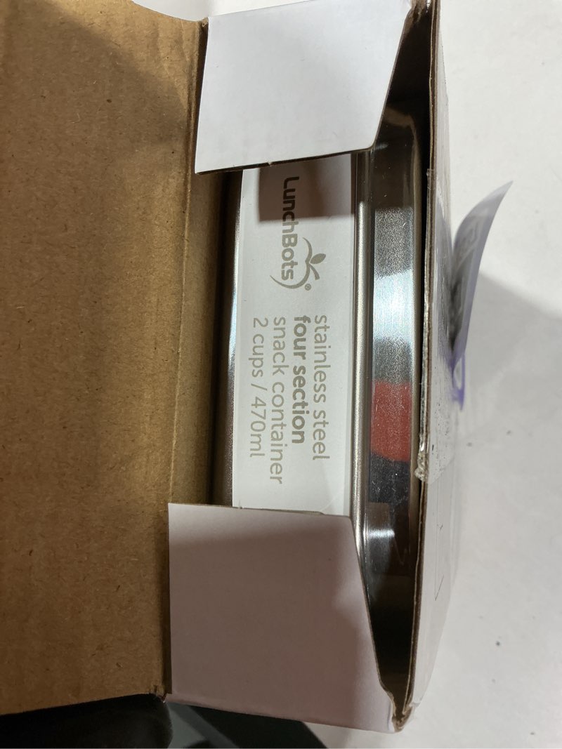 Condition photo showing New/Like New for lunchbots small protein packer bento box - extra small divided stainless steel snack container - 4 sections for 1-2oz of nuts, meat, cheese, finger foods - dishwasher safe - stainless lid
