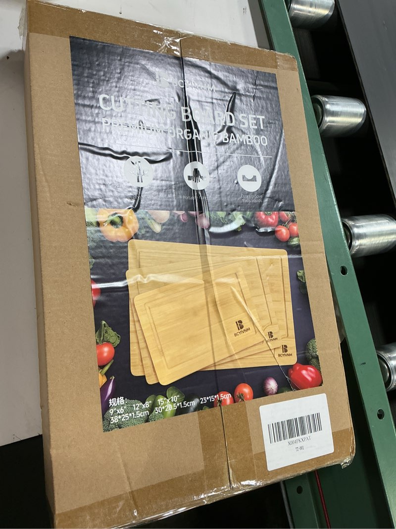 Condition photo showing New/Like New for bamboo cutting board set of 3 wooden chopping boards with juice groove and handles charcuterie cheese serving boards for meat vegetables large medium small kitchen cutting board set
