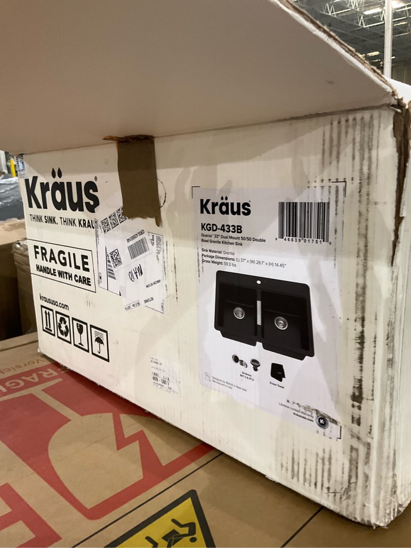 Condition photo showing Good Condition for KRAUS Quarza 33-inch Drop-In/Undermount 50/50 Double Bowl Granite Kitchen Sink in Black Onyx, KGD-433B Black 33 Inch, 50/50 Double Bowl Drop-in