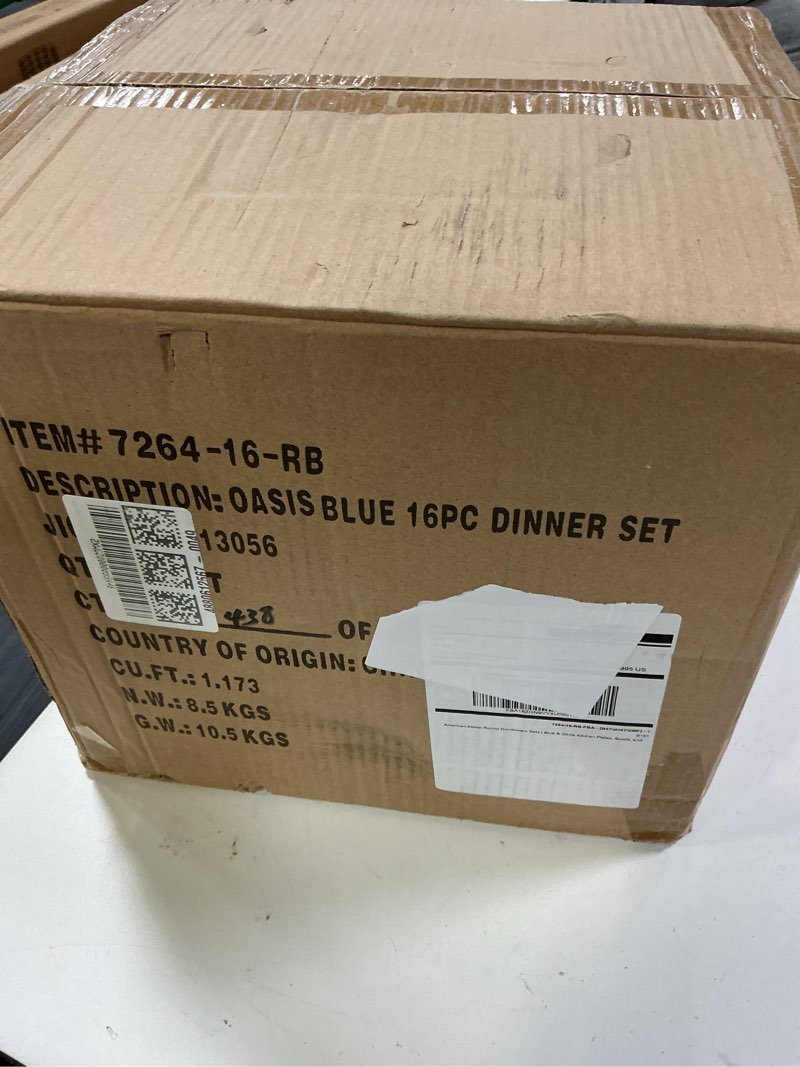 Condition photo showing New/Like New for american atelier round dinnerware sets | blue & white kitchen plates, bowls, and mugs | 16 piece stoneware oasis collection 10.5 x 10.5 | dishwasher & microwave safe | service for 4