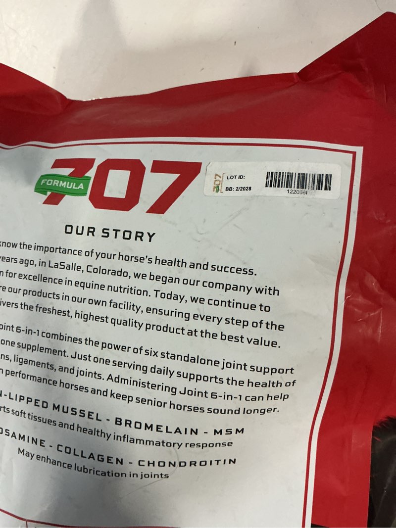 Condition photo showing New/Like New for (bb 2/2028)formula 707 joint 6in1 equine supplement 5 lb bag - support for joint integrity and inflammatory response in horses - green-lipped mussel, msm, glucosamine, chondroitin & collagen