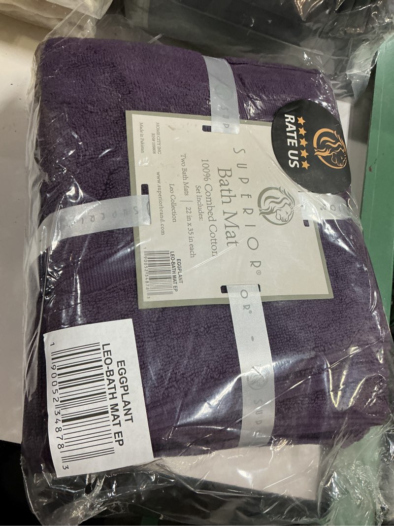 Condition photo showing New/Like New for superior 2 pc eco-friendly cotton textured stripes bath mat set, eggplant