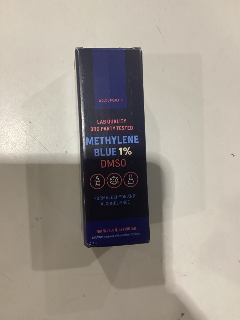 Condition photo showing New/Like New for WoldoHealth DMSO 10% with Methylene Blue 1% - 3.4oz Glass Bottle with Dropper, Formaldehyde-Free, Al