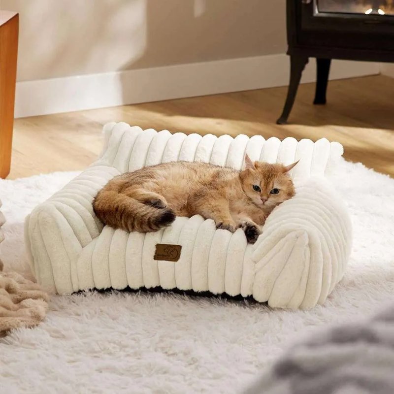 Cream Corduroy Cat Bed - Fluffy Sofa with Removable Cover, 24" Indoor Pet Couch
