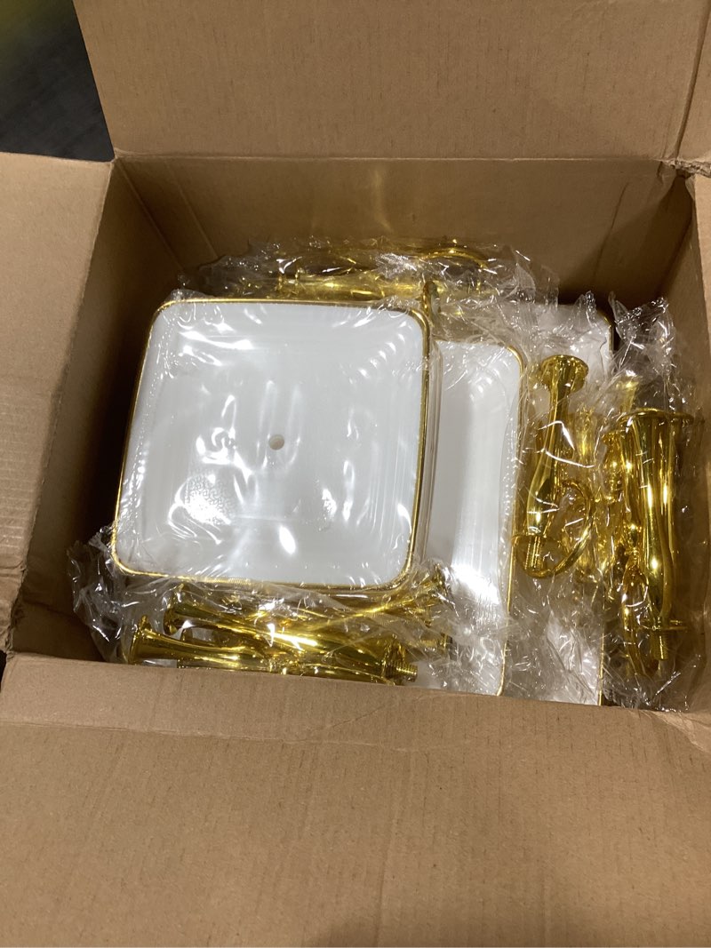 Condition photo showing Good Condition for 8 pack 3 tier cupcake stand bulk white tiered dessert stand thick plastic square serving tray with gold edges dessert table display set tea cake holder for wedding birthday party