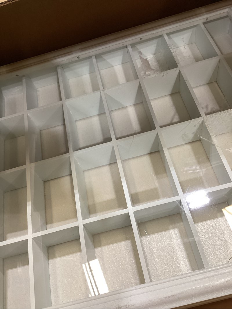 Condition photo showing As Is for ILOT Shot Glass Display Cabinet Solid Wood - Large Display Case for Collectibles | Man Cave Accessories | UV Protection Acrylic Door | Wall Mounted Black Shadow Box | 28 Divided Slots | 18" x 16" 18 x 16