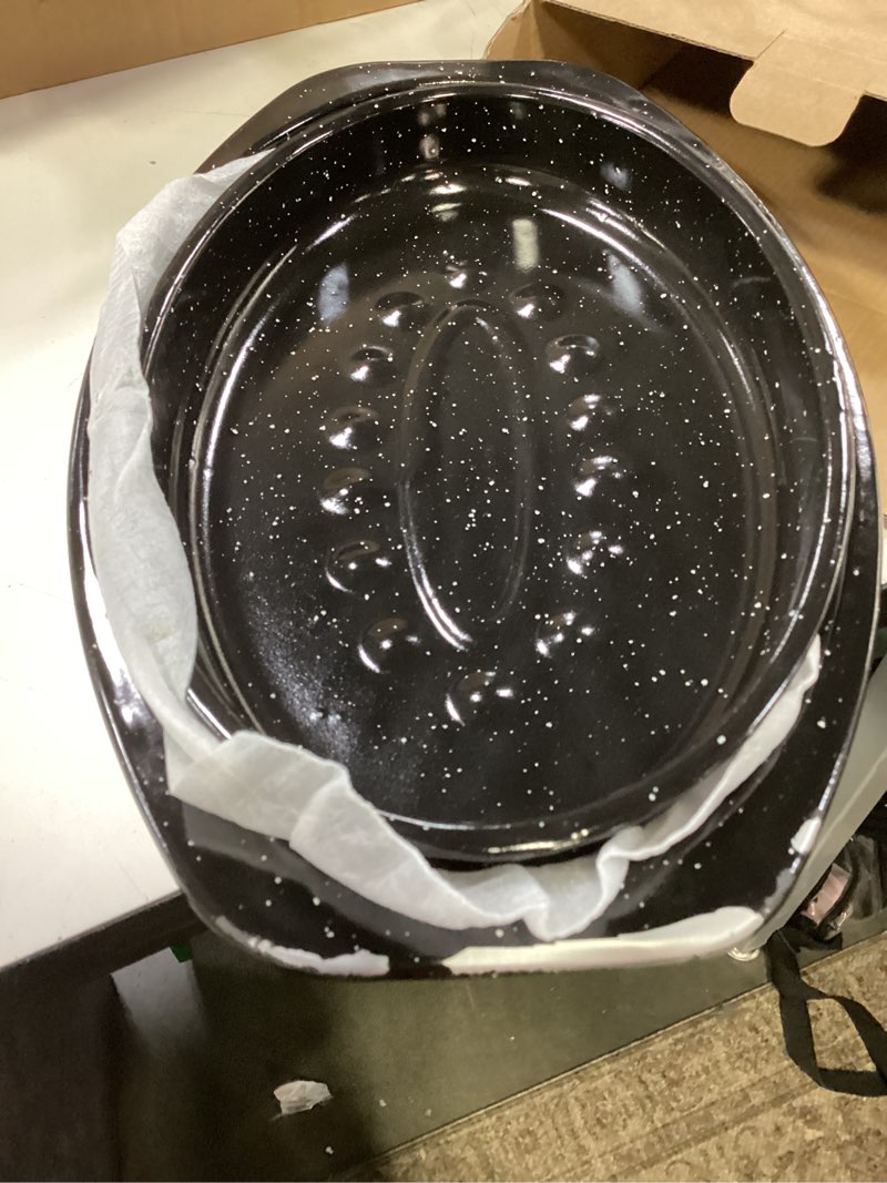 Condition photo showing As Is for 13” roaster pan with lid and rack, small enamel roaster pan with oval roasting rack, granite baking pot for chicken turkey lamb, heat resistant, oven/dishwasher/all stovestops compatible 13 inch