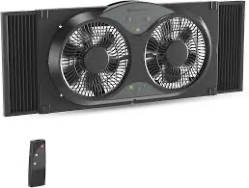 comfort zone 9-inch reversible twin window fan with remote control – 3-speed dual blade fan with exhaust, cooling & circulate modes, expandable width 23.5" to 37", removable bug screen & tabletop feet black 3-speed w/remote