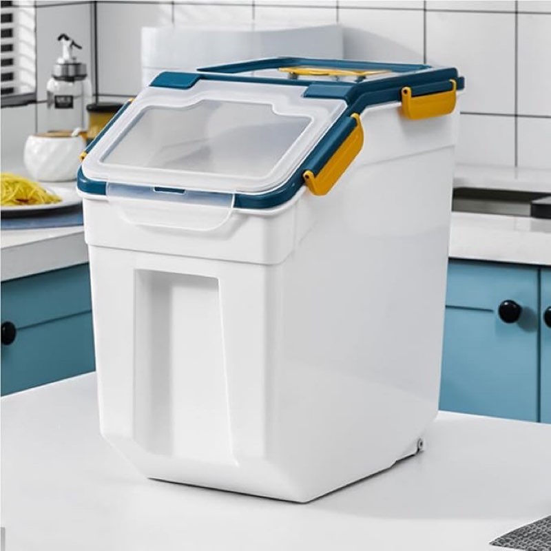 yxq 25lb large flour storage container bin ,2 pack airtight plastic with wheels seal locking lid dispenser organizer storage bin with measuring cup & scoop for flour, rice, grain 50lbs total