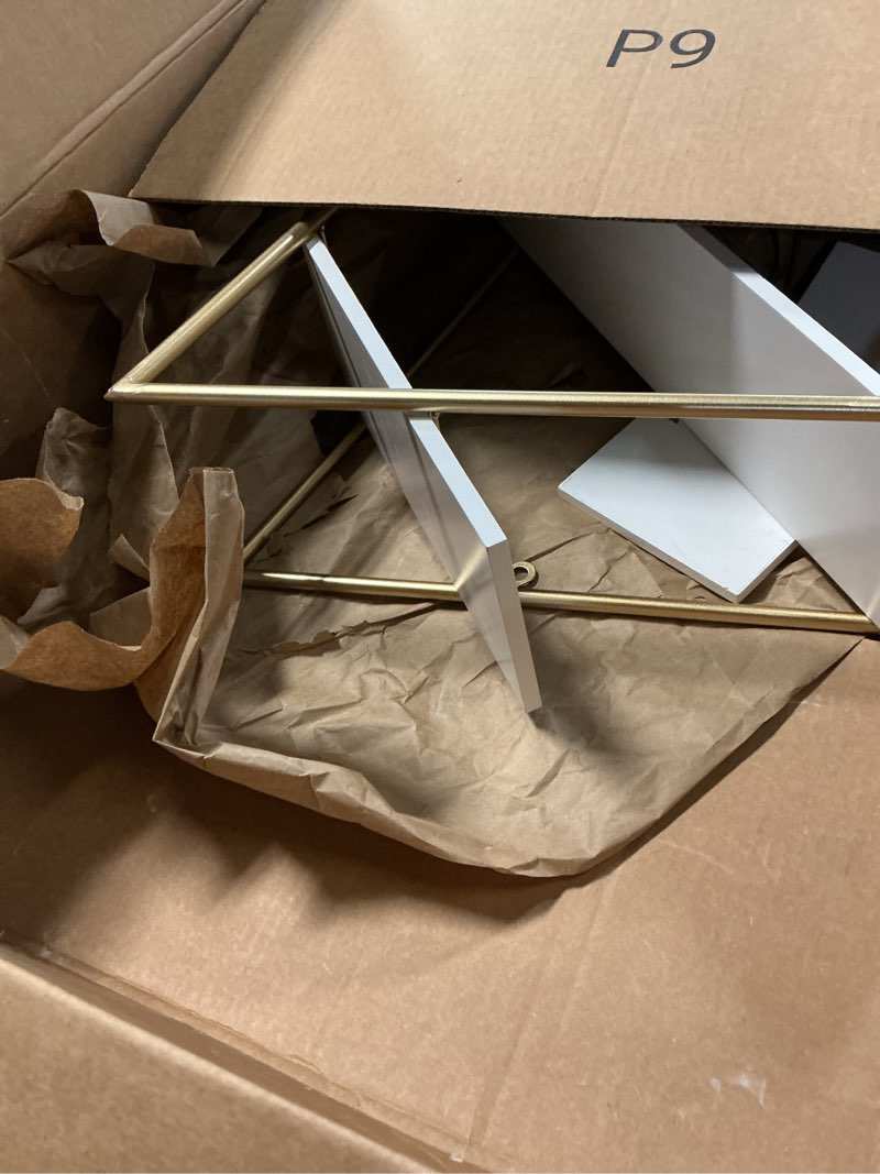 Condition photo showing Good Condition for deco 79 wood 3 shelf wall shelf with diamond shape, 20" x 6" x 20", gold conveniently sized