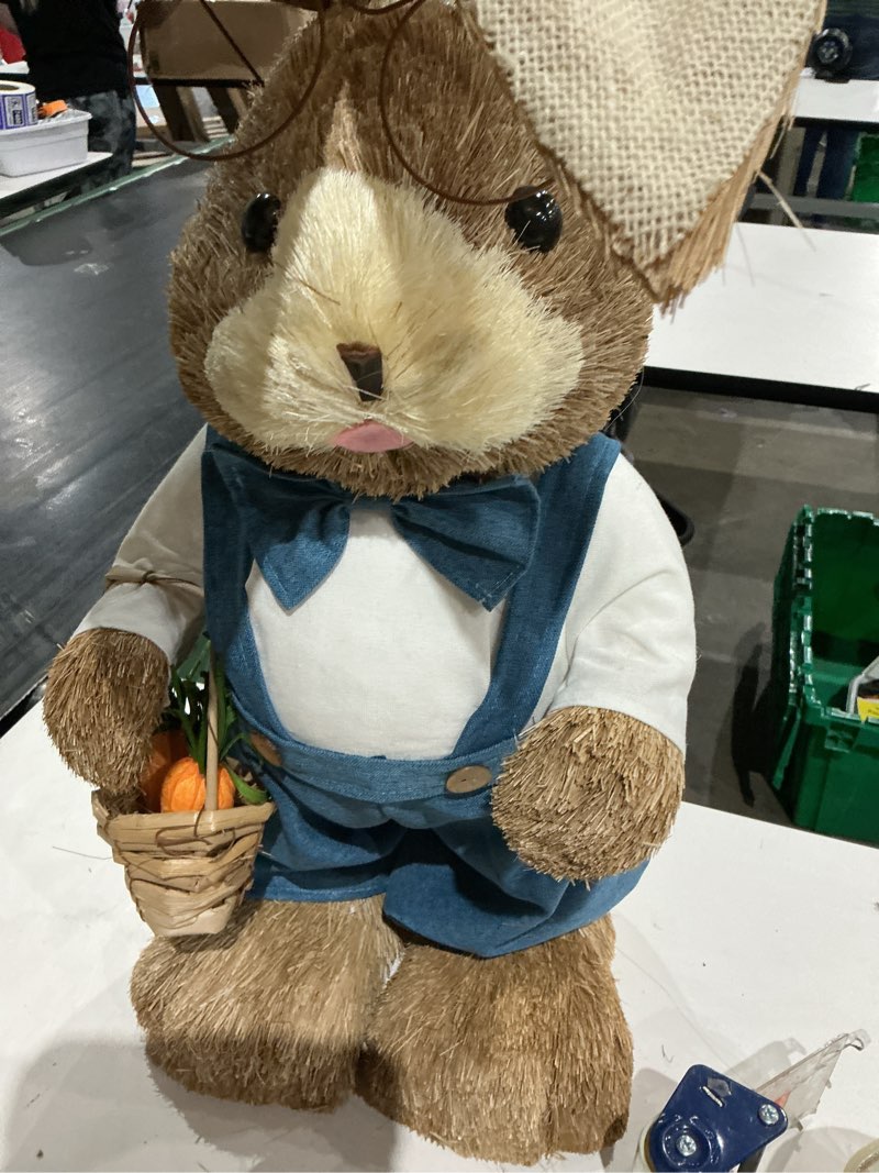 Condition photo showing Good Condition for juegoal easter bunny decor, 32"(2.6ft) large standing sisal rabbit figurine, handmade easter straw mr. bunny statues, cute photo props gifts for farmhouse spring home porch decorations style b