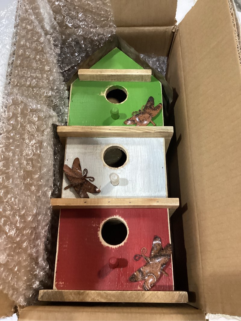 Condition photo showing Good Condition for glitzhome bird houses for outside, 13.75" h multicolored three-tiered distressed solid wood birdhouse garden hanging bird house for outdoors 13.75"h multicolored