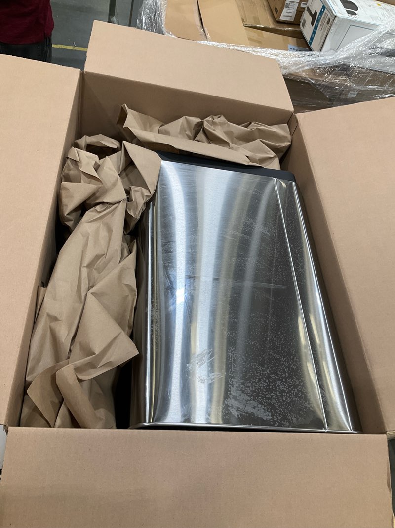 Condition photo showing As Is for eko mirage-t 50 liter / 13.2 gallon touchless rectangular motion sensor trash can, brushed stainless steel finish mirage 50l - stainless steel