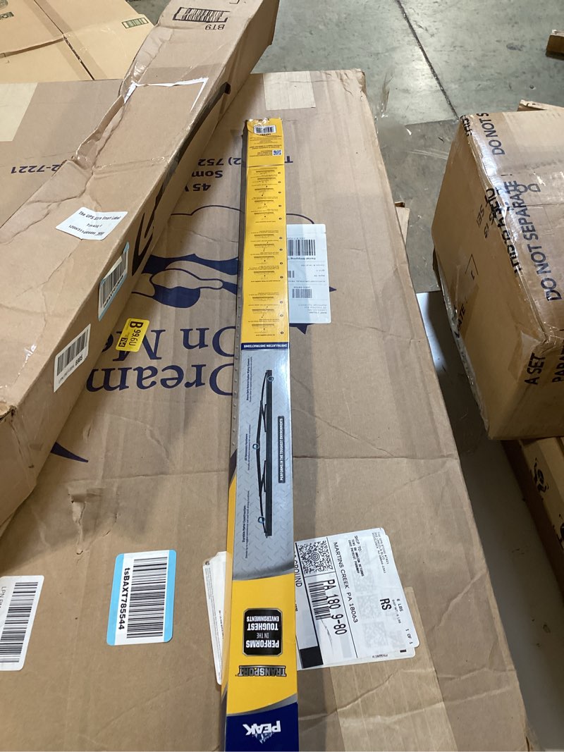 Condition photo showing As Is for peak transport heavy duty windshield wiper blade, durable metal wiper blade replacement for class 6-8 trucks, class a rv's, and transit buses with saddle wiper arm and 26" wide saddle blade