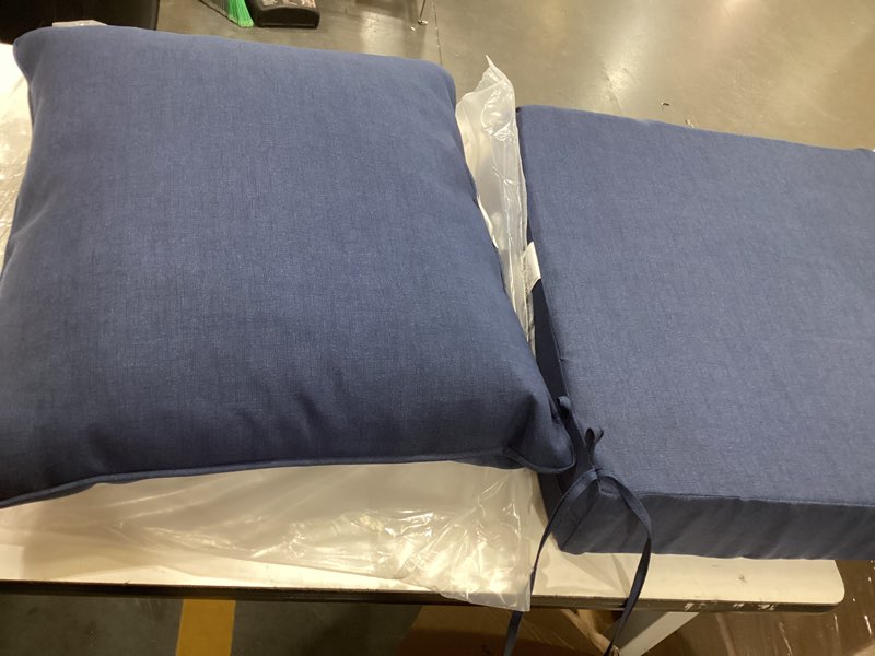 Condition photo showing Good Condition for arden outdoor deep seat cushion set, 24x24, sapphire blue | outdoor sofa, couch, conversation set, weather-proof, rain-proof, fade resistant for chair, mold and mildew resistant polyfill sapphire blue leala 1 pack