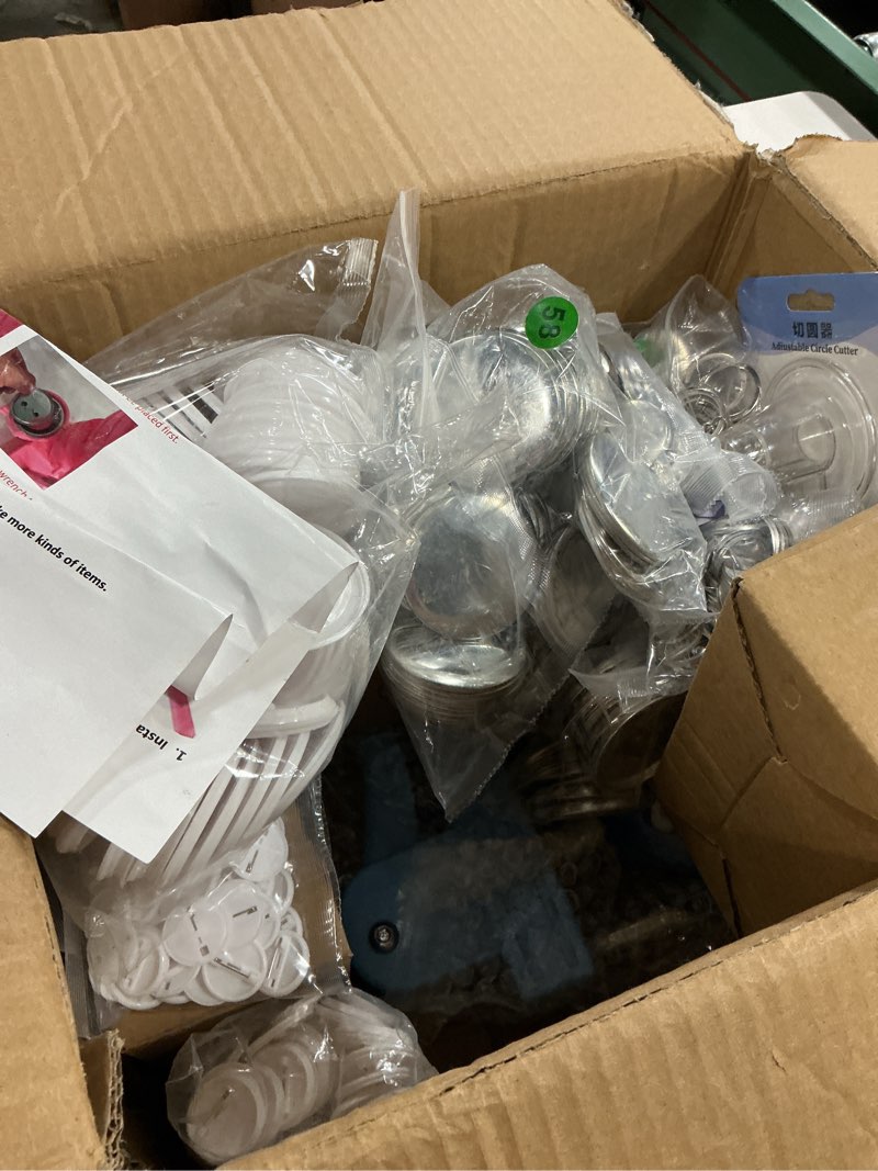 Condition photo showing New/Like New for button maker machine, molds in 3 sizes: 2.28“, 1.25”, and 1”, 500 buttons, 15 fridge magnets, 15 bottle openers, 15 keychain, pin maker machine kit diy, circular cutter in 3 sizes