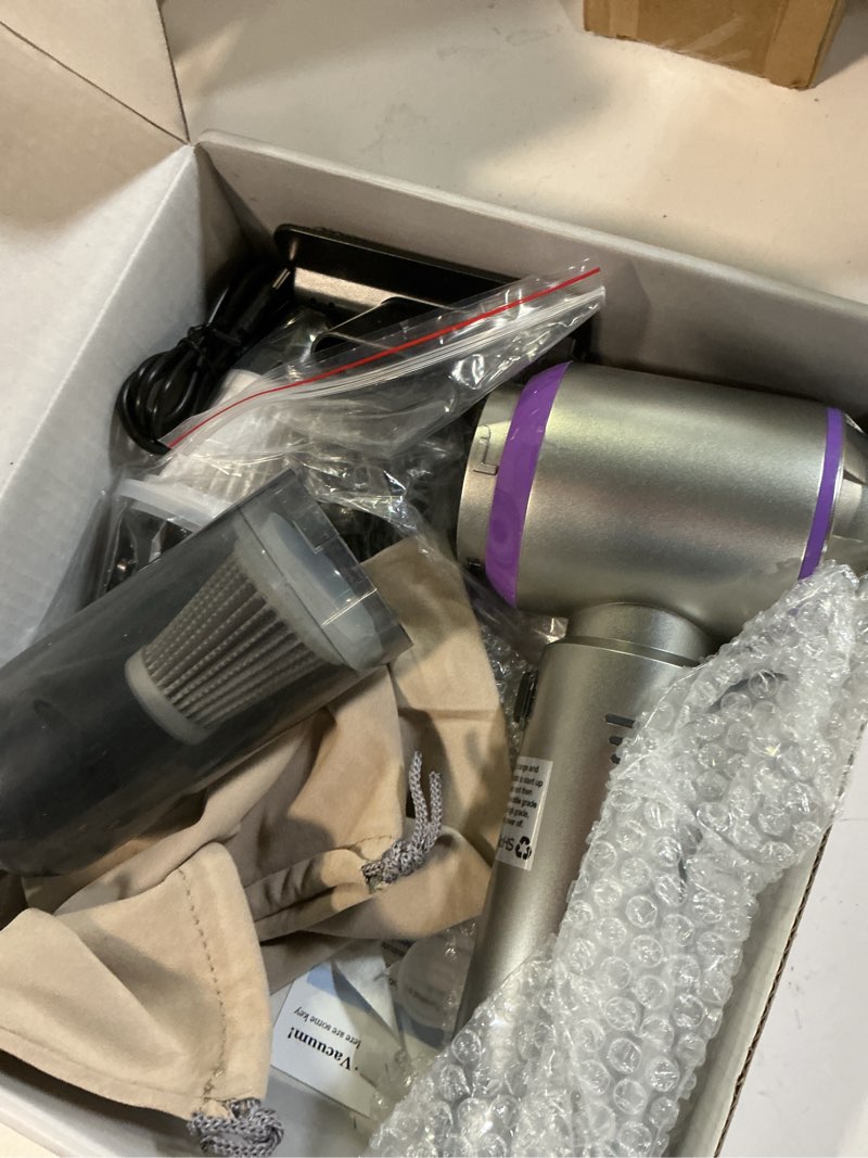 Condition photo showing As Is for car vacuum portable cordless 20000pa high power 4-in-1 compressed air duster & air blower & pump hand held vacuum with brushless motor for car, home, office,camping ideal gifts for men & women purple