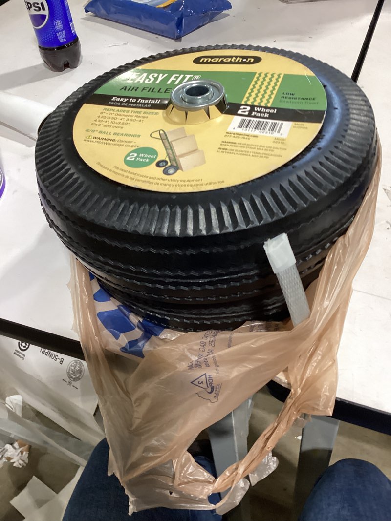 Condition photo showing As Is for marathon 2-pack 4.10/3.50-4" pneumatic (air filled) hand truck / all purpose utility tires on wheels, 2.25" offset hub, 5/8" bearings