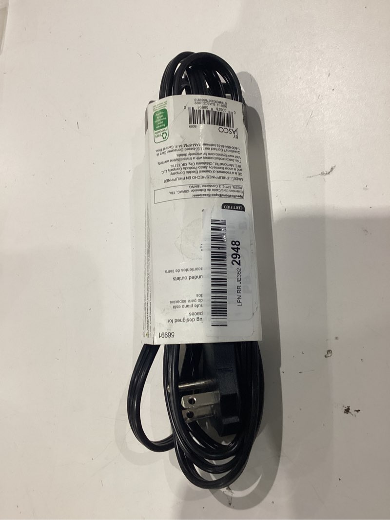 Condition photo showing Good Condition for 3 prong power extension cord with multiple outlets 15 ft, 16/3 gauge multi 3 outlet wire, 90 degree angled male plug, 16 awg grounded wire (13a 125v 1625w), etl listed, black cable with 25 cable ties 15ft black