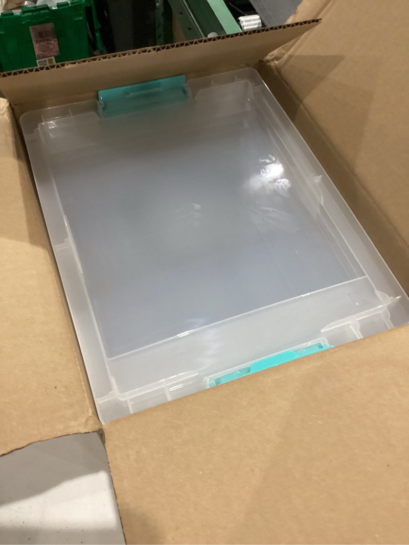 Condition photo showing As Is for IRIS USA 6 Qt. Storage Bins with Lids, 4-Pack, |Made in USA|, Small Plastic Craft Container Sensory Totes for Art Supplies, Paper, and Office, Stackable - Clear 6 Qt. - 4 Pack