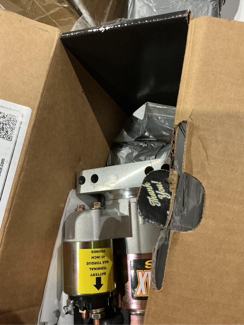 Condition photo showing As Is for powermaster starter, powermax plus, 6.1:1 gear reduction, natural, 153/168 tooth flywheel, straight bolt, chevy v8, each, ?120 amps