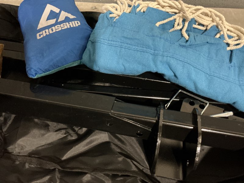 Condition photo showing As Is for tire mount hammock stand - fits vehicle tire & 2in hitch receiver - includes parachute nylon hammock & storage bag - for camping, outdoor, travel (350lbs weight capacity) - 2025 new tire mount&hitch hammock