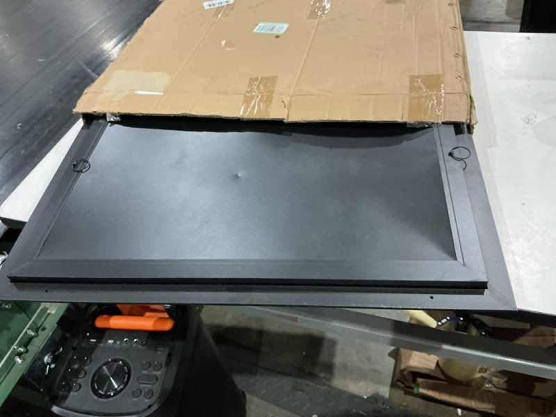 Condition photo showing As Is for crawl space access door, exterior 29.5" x 21.7", opening 27.0" x 19.1", powder-coated aluminum, sturdy panel, rust resistant, heat-resistant, pull ring, easy access