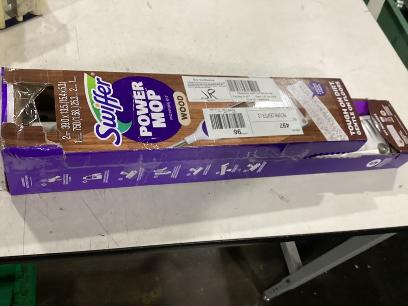 Condition photo showing New/Like New for swiffer power mop wood kit with refill, unscented, 1 handle + 1 solution & 2 pads