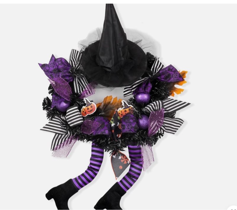 FLASH WORLD 18 inch Witch Halloween Wreath, Hat Legs Pumpkin Door Decorations, Artificial Handmade W