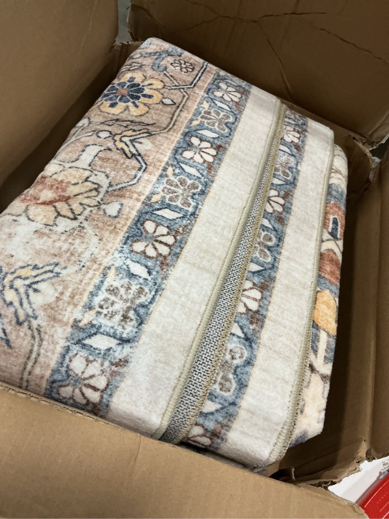 Condition photo showing As Is for 7x9 Area Rug Living Room: Washable Boho Large Neutral Vintage Soft Rugs Stain Resistant Farmhouse Non Slip Indoor Floor Carpet for Bedroom Nursery Kids Playroom Office Dining Room- Beige Blue Beige Blue 7' x 9' (Rectangular)