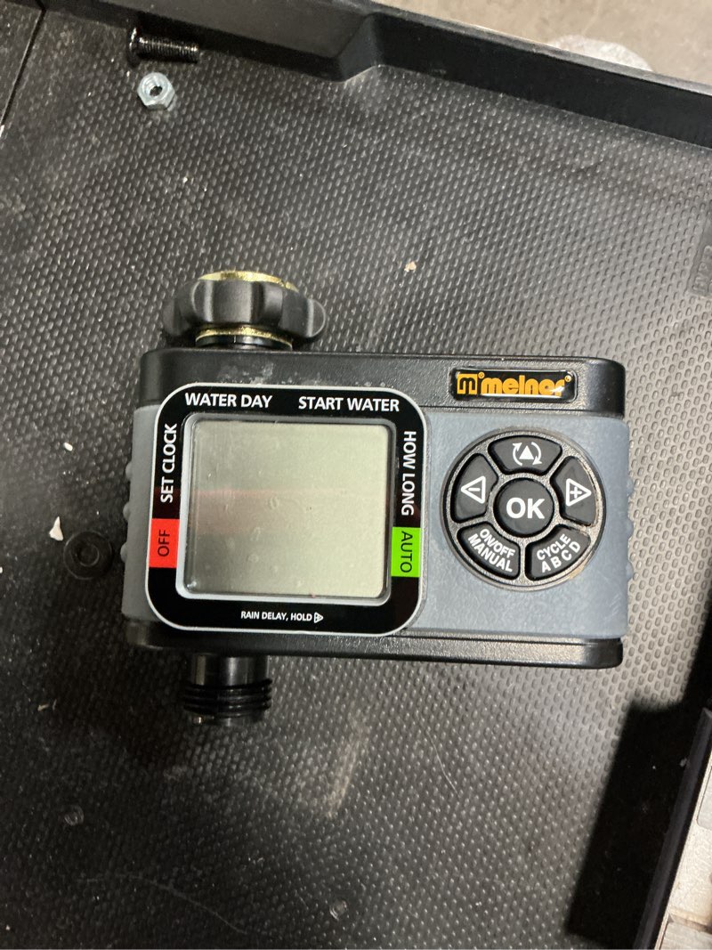 Condition photo showing As Is for melnor 65166amz hydrologic digital hose timer, 2-zone programmable watering timer, quick connect bundle, black, grey