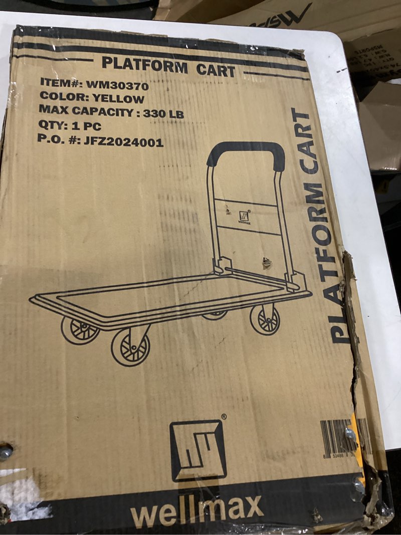 Condition photo showing New/Like New for push cart dolly by wellmax  moving platform hand truck  foldable for easy storage and 360 degree swivel wheels with 330lb weight capacity  yellow color