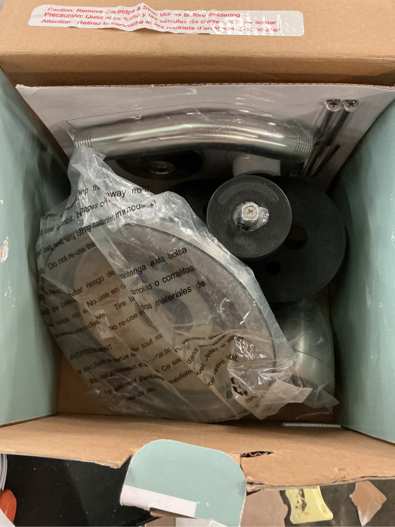 Condition photo showing As Is for builders single-handle 1-spray pressure balance shower faucet in brushed nickel (valve included)