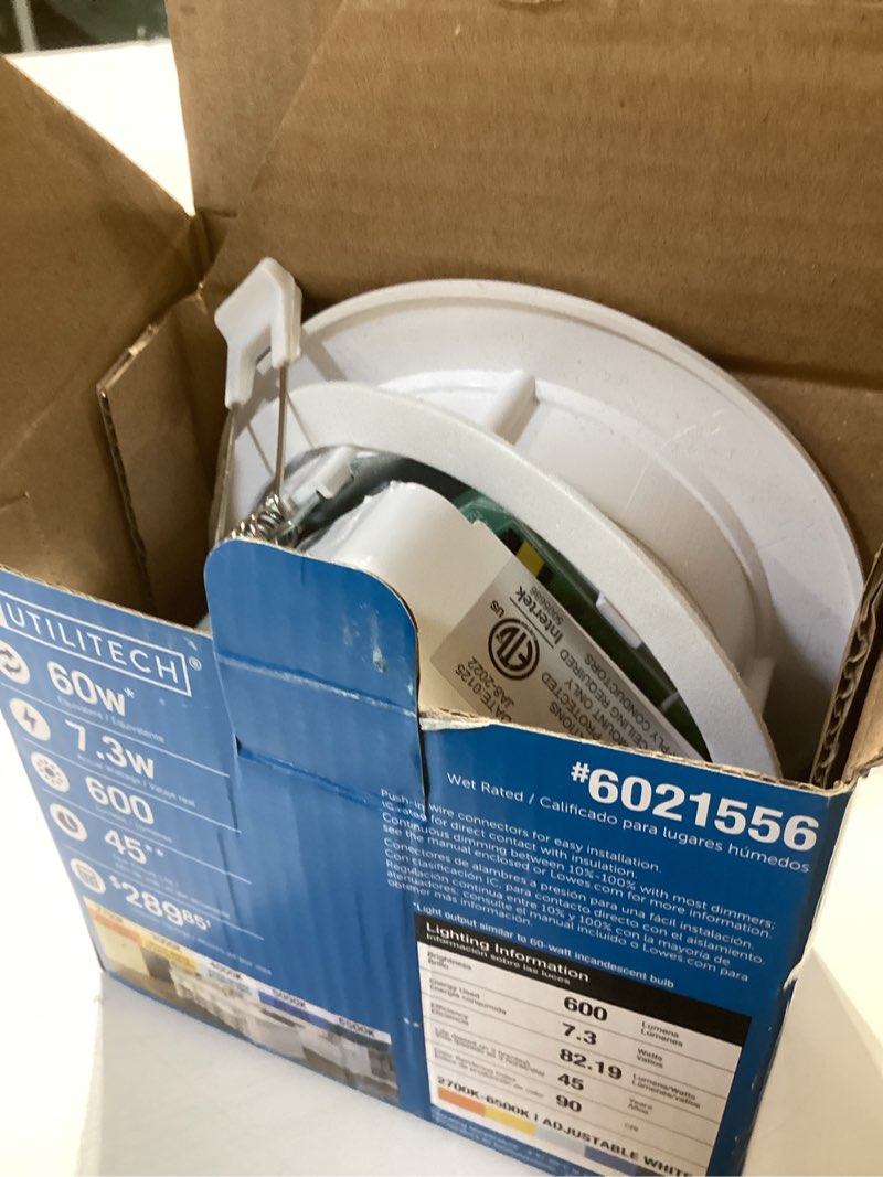 Condition photo showing As Is for utilitech white 4-in 600 -lumens switchable white round dimmable led canless wet rated
