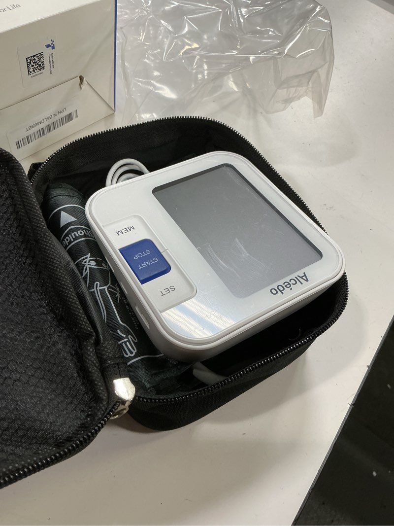 Condition photo showing As Is for alcedo blood pressure monitor for home use, automatic digital bp machine with large cuff for upper arm, lcd screen, 2x120 memory, talking function large screen
