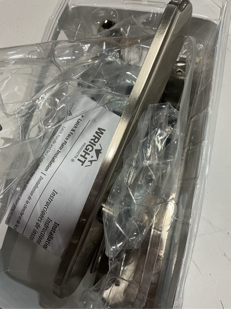 Condition photo showing As Is for serenade mortise keyed lever mount latch with deadbolt for screen and storm doors, satin nickel