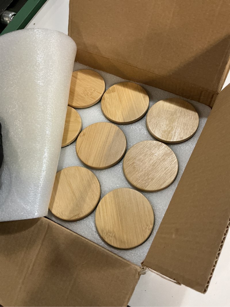 Condition photo showing New/Like New for 10 oz embossed glass candle container with bamboo lids and labels,green candle jars for making candles,mandala design - pack of 9