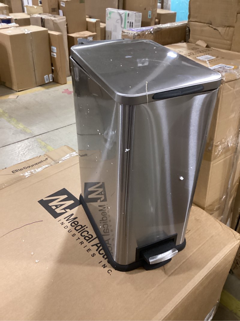 Condition photo showing As Is for Home Zone Living 4 Gallon Slim Kitchen Trash Can with Soft Close Lid and Step Pedal, Stainless Steel Wastebasket with Removable Liner, Silver Silver Solid