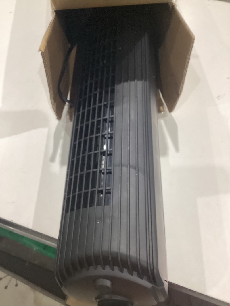 Condition photo showing As Is for amazon basics 28" 60-degree oscillating tower fan with powerful airflow for bedroom, living room, office, 3 speeds, mechanical control, air circulator, 35w, 27.8"h x 9.4"d x 9.4"w, black 28" - mechanical control