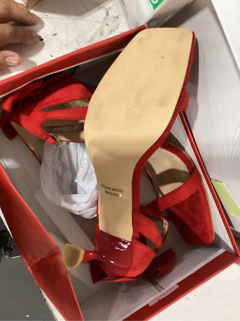 Condition photo showing As Is for carcuume women's square toe heels bow tie ankle strap heel sandals open toe wedding shoes 10 red