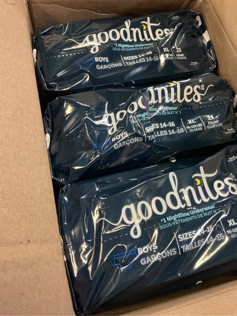 Condition photo showing New/Like New for goodnites boys nighttime underwear, size extra large, 63 ct, 3 packs of 21 x-large 63