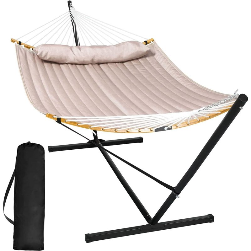 SUNCREAT Double Portable Hammock with Stand, 2 Person Hammock with Curved Spreader Bar, Balance Ropes Included, Dark  Beige