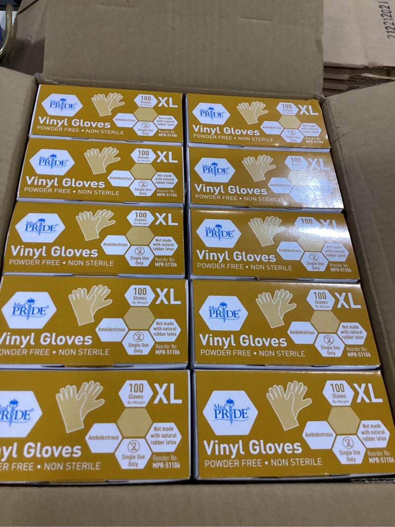 Condition photo showing New/Like New for med pride vinyl gloves| x-large case of 1000| 4.3 mil thick, powder-free, non-sterile, heavy duty disposable gloves| professional grade for healthcare, medical, food handling, and more 1000 x-large