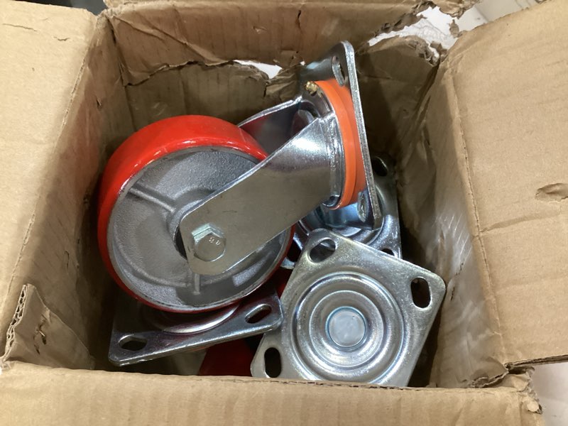 Condition photo showing As Is for 5" x 2" industrial plate swivel & brake caster wheels set of 4 heavy duty,load capacity 4000lbs, no noise polyurethane wheel on steel hub for toolbox workbench 2 brake & 2 swivel 5" wheel