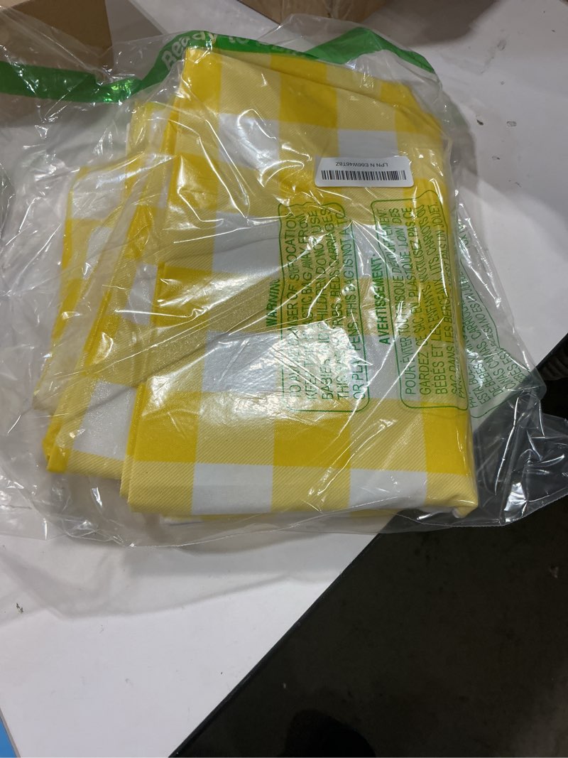 Condition photo showing Good Condition for misaya rectangle waterproof vinyl table cloth, buffalo flannel backed tablecloth, wipeable plastic table cover for dinner, kitchen, outdoor (60" x 120", yellow and white) 120" x 60" (rectangular) yellow and white 1