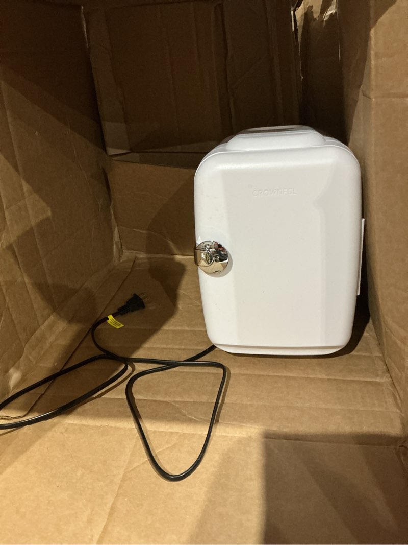 Condition photo showing As Is for (incomple, missing pieces)crownful mini fridge, 4 liter/6 can portable cooler and warmer personal refrigerator for skin care, cosmetics, beverage, food,great for bedroom, office, car, dorm, etl listed (white)e