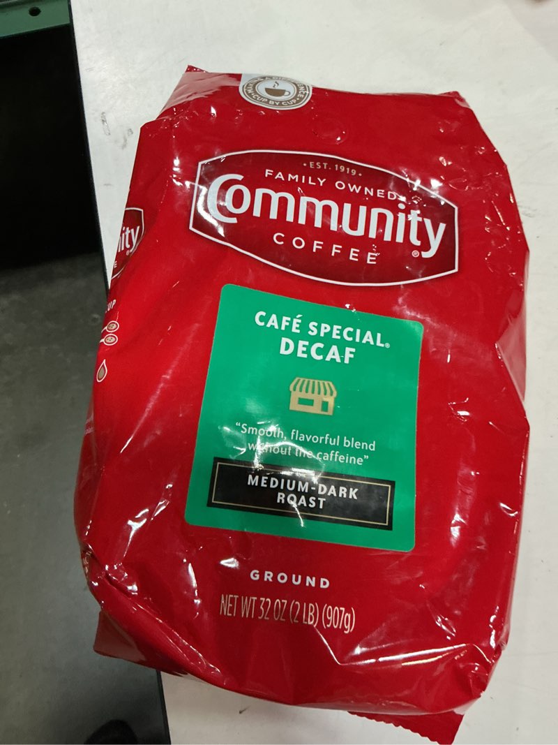 Condition photo showing New/Like New for (bbd 07/14/26)  community coffee café special decaf ground coffee, medium dark roast, 32 ounce bag (pack of 1) café special decaf 32 ounce (pack of 1)
