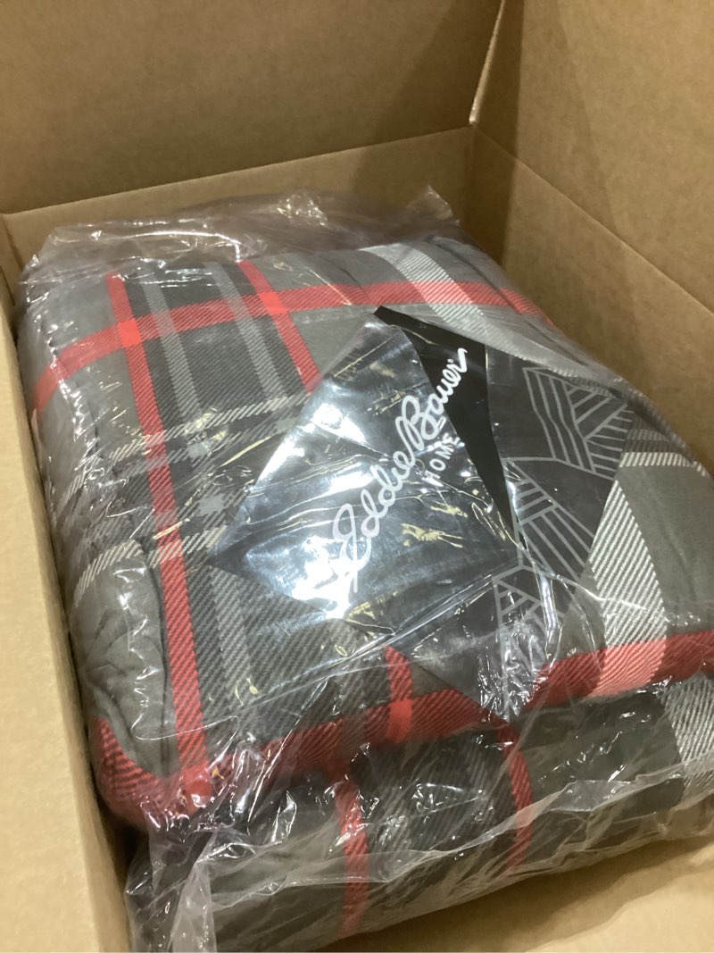 Condition photo showing Good Condition for eddie bauer - queen comforter set, reversible plaid bedding with matching shams, cozy home decor for colder months, oeko-tex certified (willow plaid grey, queen)